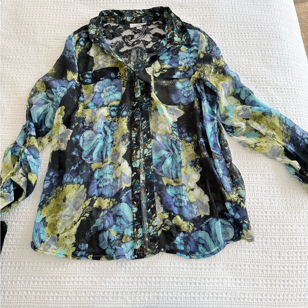 dressbarn Floral Sheer Blouse - Blue and Green